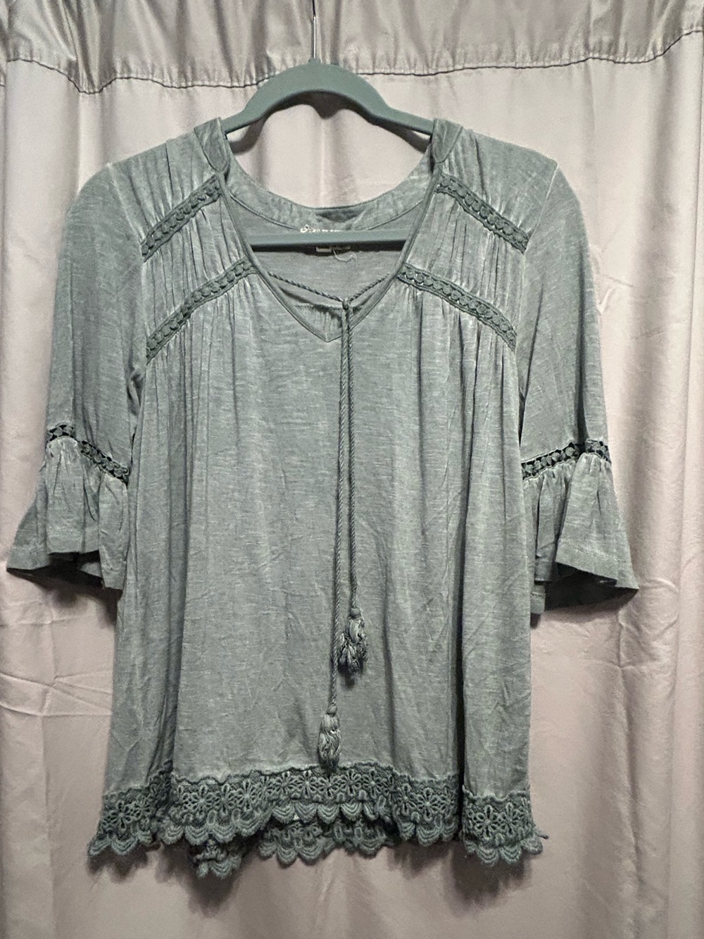 One World Light Sage Crochet-Hem Peasant Top